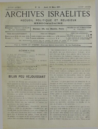Archives israélites de France. Vol.72 N°13 (30 mars 1911)